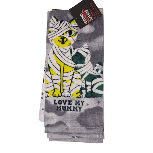 Celebrate Halloween Together Kitchen Towels Set Of 2 Cat & Mummy Design New - Picture 2 of 5